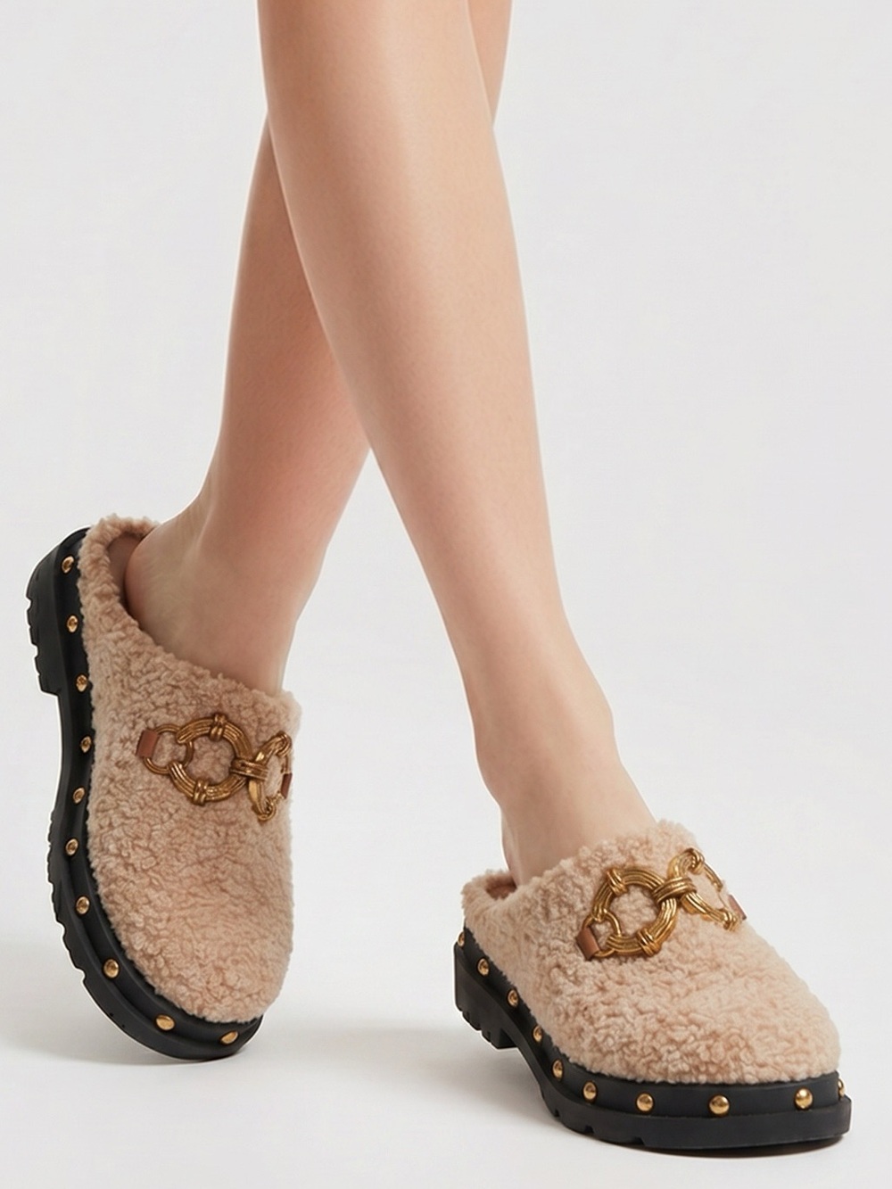 Circus by Sam Edelman Beige Shearling Mules with Gold Chain